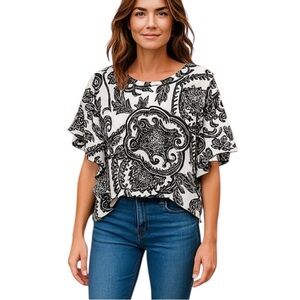 New! CHICO's Boho Black and White Paisley Women's Top Size 3 = US 16/18